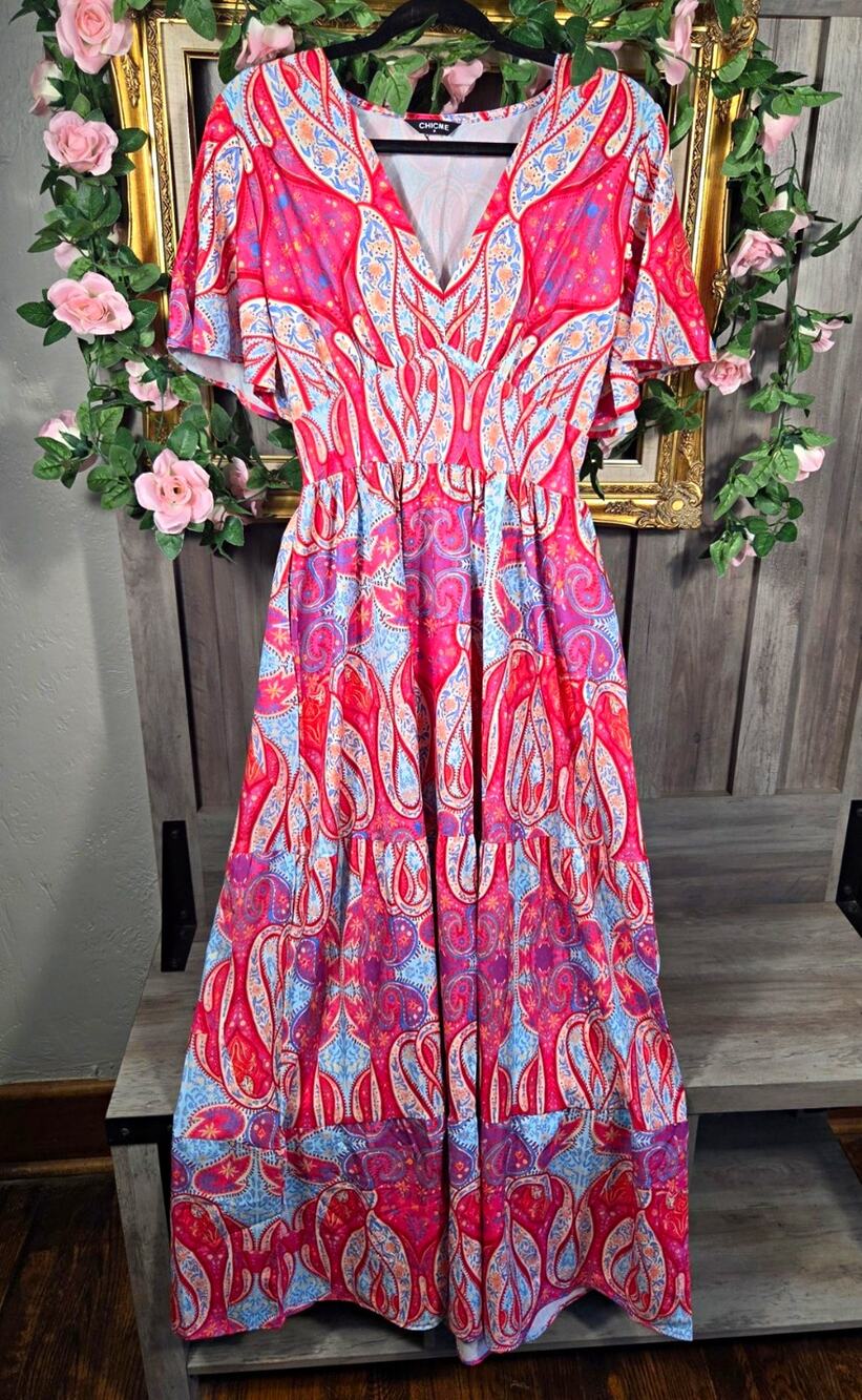 CHICME Womens S Paisley Maxi Dress Boho Flutter Sleeve Tiered Vacation Resort